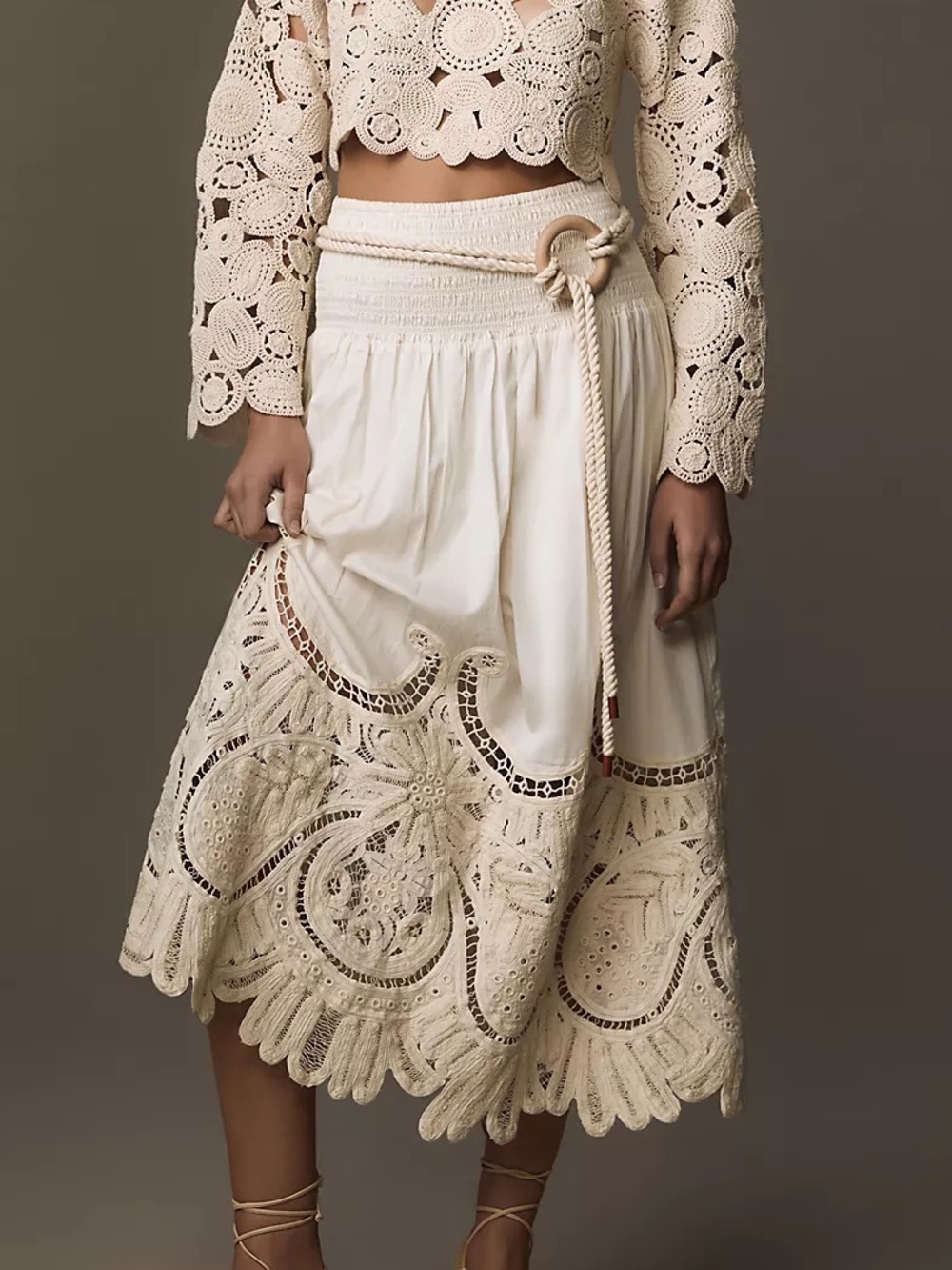 NWT Love the Label Anthropologie Cream Embroidered Lace Midi Skirt XS